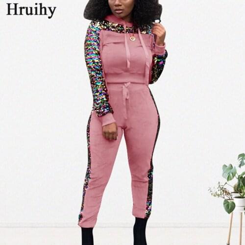 Plus Size Womens Clothe Sequin Velvet Stitching Fashion Casual Two-piece Suit Drawstring Pullover Elastic Waist Ubrania Damskie