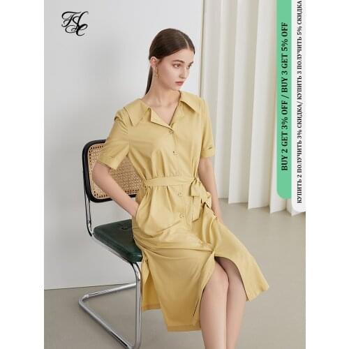 FANSILANEN Office Lady Light Mature Button Suit Dark Green Yellow Dress Female Summer 2021 New French Shirt A-line Long Dress