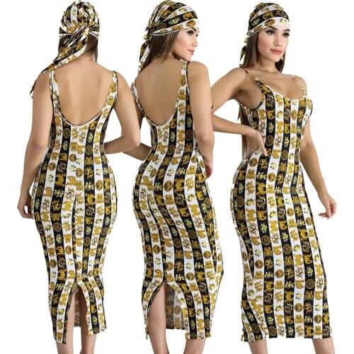 Sexy Fashion Printing Women Dress Square Collar Sleeveless Backless Sling Split Dress High Street Office Lady Robe New Arrrivals