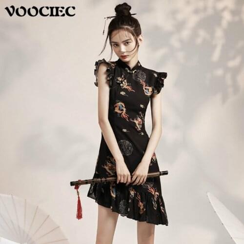 VOOCIEC Womens Cheongsam Fishtail Dress Girl Style Retro Chinese Style Slim Dress Student Sexy Young Women Dress