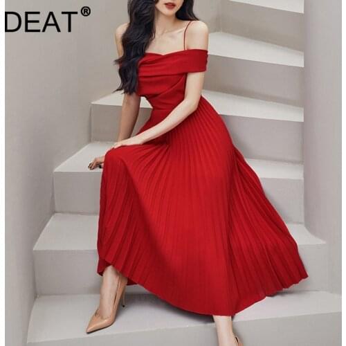 DEAT Woman Midi Dress Red Solid Pleated Slash Neck Spaghetti Strap Empire Waist Elegant Fashion Dresses 2021 New Summer 15XF789