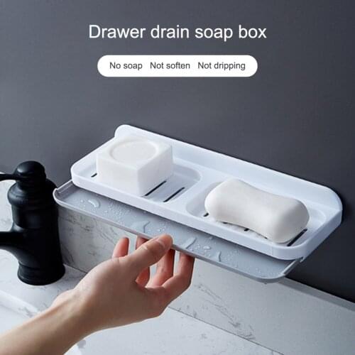 1pc Wall Mounted Soap Dish Double Grid Drawer Design Double Drain Soap Box For Bathroom Soap Holder Bathroom Storage Tools