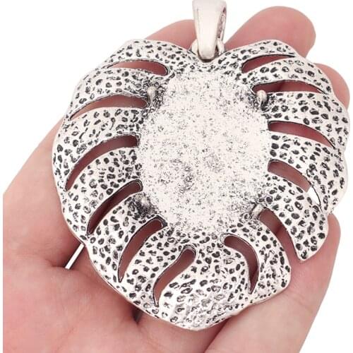 2 x Tibetan Silver Large Palm Leaf Charms Pendants Blank Cabochon Settings 27x38 mm for Jewelry Making Findings 78x64mm