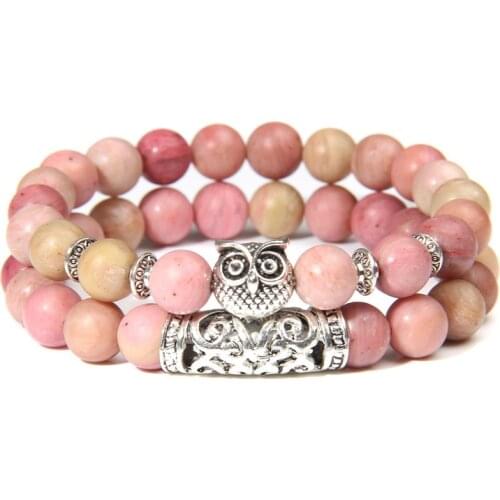 2 Pieces Natural Polished Rhodochrosite Stone Bracelet Couple Men Silver-plated Owl Bangle For Women Jewelry Friendship Bracelet