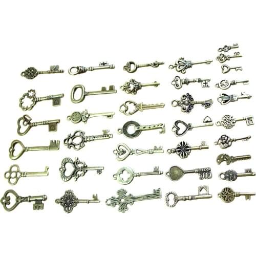 1 Set Of40 Antique Vintage Old Look Bronze Skeleton Keys Fancy Heart Bow Necklace Pendant