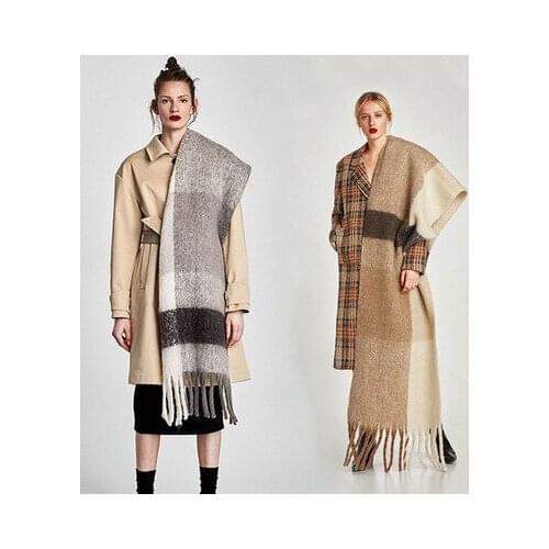 European and American New Autumn and Winter Thick Plaid Long Tassel Imitation Cashmere Scarf Bib Color Matching Shawl