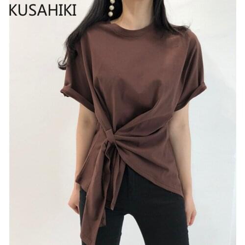 KUSAHIKI Irregular Twisted Short Sleeve Graphic T Shirts Korean Summer Short Sleeve Women Tops Causal Solid O-neck Tshirt 6G853