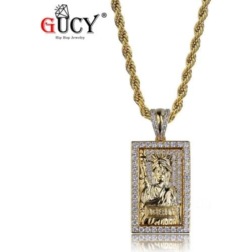 GUCY Hip Hop Rectangle Pendant Necklace Micro Pave Cubic Zircon Statue of Liberty Gold Silver Color Plated Pendants & Necklaces