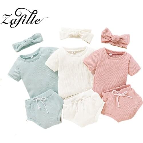 ZAFILLE 3pcs Girl Suit 0-3Y Solid Knitted Cotton Baby Girl Clothes Set Summer Newborn Outfits Summer Toddler Girl Clothes