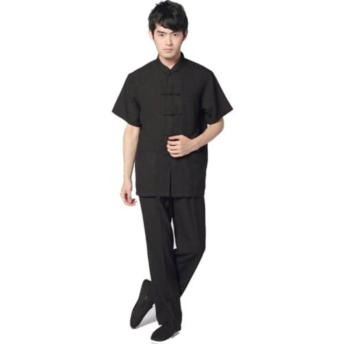 Black Chinese Traditional Mens Cotton Linen Kung Fu Suit Short Sleeve Wu Shu Sets Shirt&Pant Uniform S M L XL XXL XXXL 011318