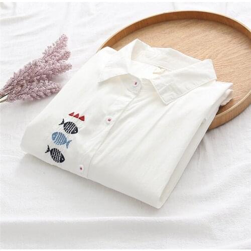 Sweet Style Fish Embroidery Women White Shirts Summer New 2021 Turn-Down Collar Long-Sleeved Female Outwear Coats Tops