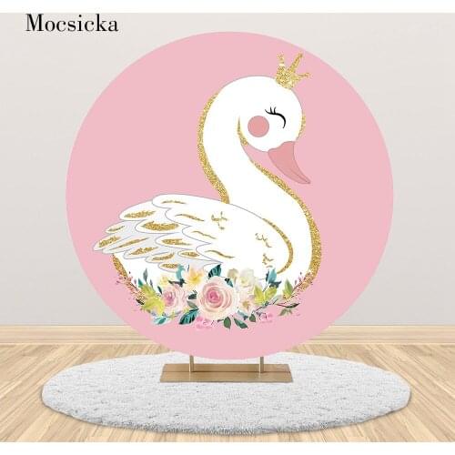Mocsicka Pink Round Backdrop White Swan Flower Green Leaves Baby Child Birthday Circle Background Table Cover Photo Studio Props
