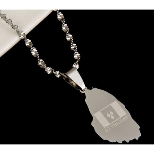 Stainless Steel Trendy ST. Vincent Map and Thin Pendant Necklace Silver Color Saint Vincent Maps Chain Jewelry
