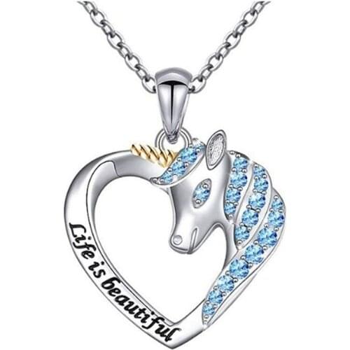 Trendy Animal Unicorn Heart Pendant Necklace Womens Necklace Fashion Metal Crystal Inlaid Pendant Cute Accessorie Party Jewelry