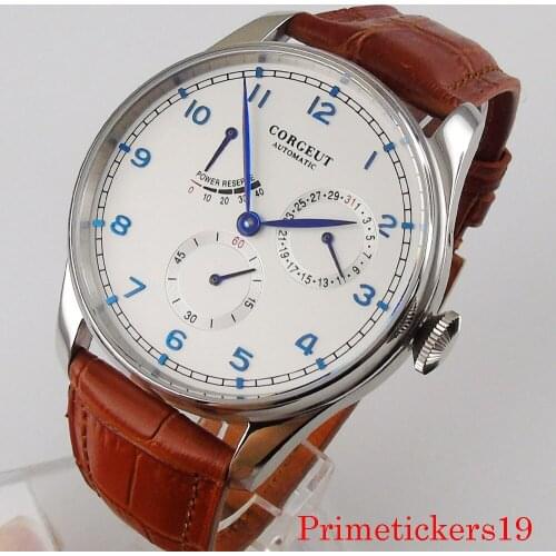 CORGEUT 42mm white dial power reserve date indicator sapphire crystal ST automatic movement men watch