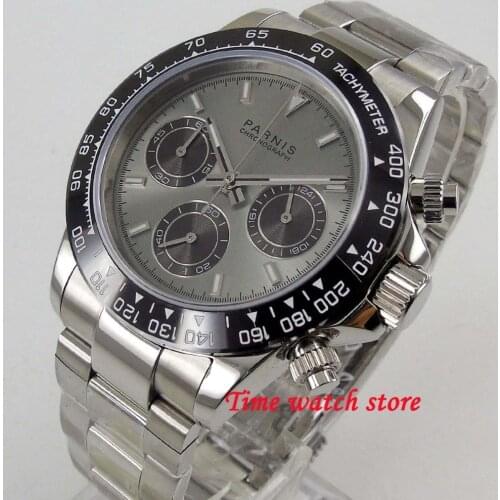 39mm PARNIS Quartz watch men waterproof stainless steel 24 hours Chronograph Grey dial luminous sapphire black bezel stop 1258