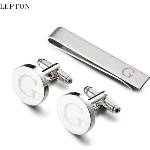 Hot Sale Round Letters G Cufflinks for Mens Silver Color Letters G of alphabet Cuff links & Tie Clip Set Men Shirt Cuffs Button