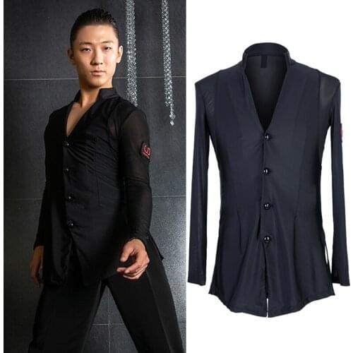 Latin Dance Top Male Black Long Sleeve Sexy V-Neck Ballroom Latin Men Shirt Salsa Tango Competition Performance Dancewear DN3247