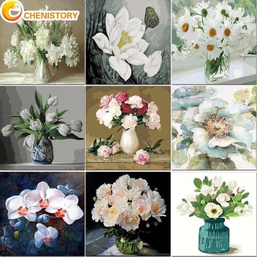 CHENISTORY Oil Paint By Number White Flower Picture By Numbers Kits Paint Vase DIY HandPainted Paint Home Decoration Custom Gift
