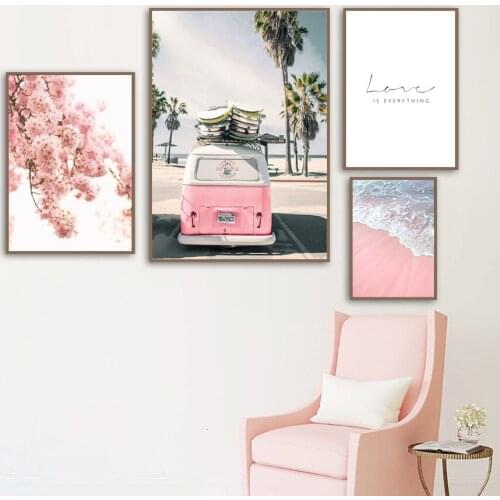 Wall Pictures For Living Room Posters And Prints Pink Bus Sky Sea Girl Beach Flower Leaves Canvas Abstract Art Home Decoration
