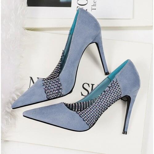 2020 new Mesh patchwork pumps Women High Heels shoes flock pointed toe Slides slip on sandals zapatos mujer heels women