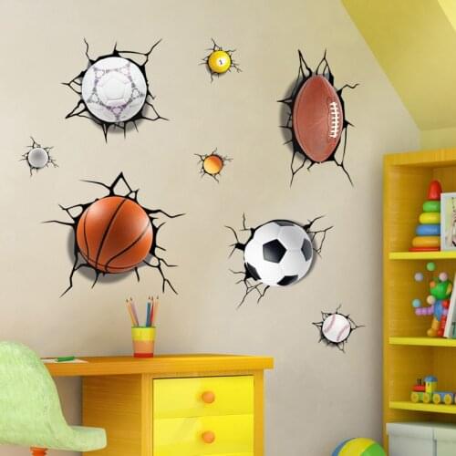 Flat Printing 3D Effect Broken Wall Football Wall Stickers Home Decoration Kids room Creative Mural Peel & Stick PVC Wallpaper