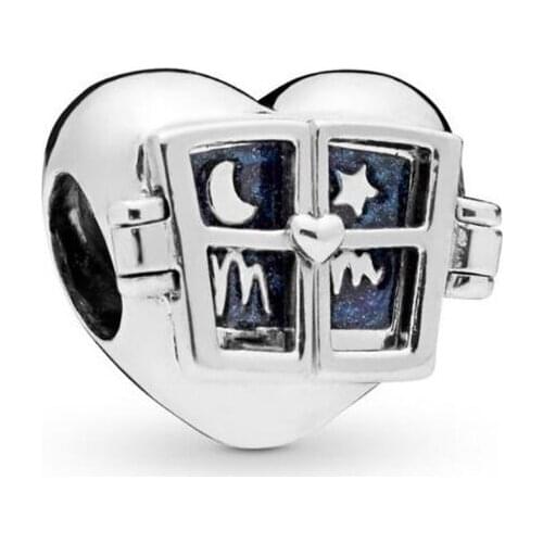 Genuine 925 Sterling Silver Charm Blue Night Sky Window Heart With Moon Stars & Mum Beads Fit Pan Bracelet Diy Jewelry