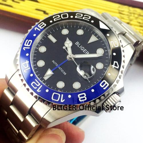 Sapphire Crystal BLIGER 40mm Black Dial Blue Black Ceramic Bezel GMT Function Luminous Marks Automatic Movement Mens Watch B329