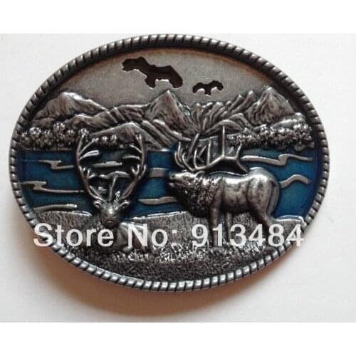 Wset Brass Deer in the woods full boby oval belt buckle JF-B1029,Free shipping