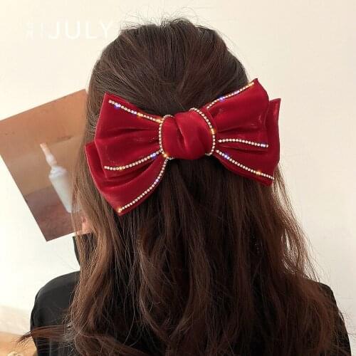 Korean Bow Hairpins Elegant Fabric Ribbon Hair Clips Adult Crystal Hair Bows Hairgrip Barrettes Headpiece Girls Hair Accessories