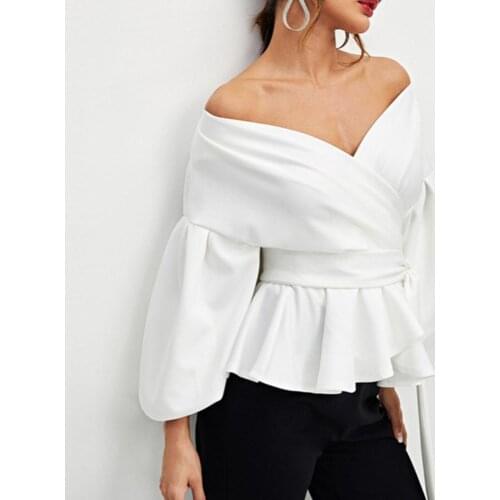 Women Sexy Long Puff Sleeve V Neck Bowknot Waist Bandage Tight Blouse Shirt