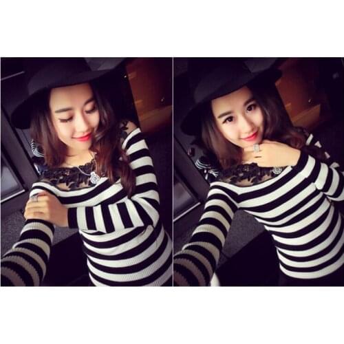 Black and white striped shirts Knitted women tops fashion 2021 Elegant lace embroidery long sleeve knitwear Female Tees