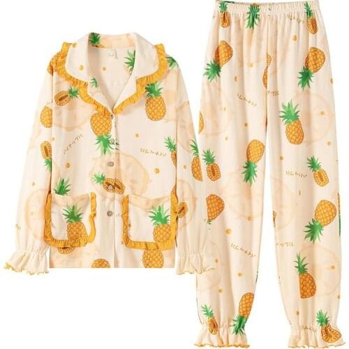 2PCS Cotton Pajama Set Women Spring New Long Sleeve Girl Korean Fruits Printing Cardigan Pyjamas Lapel Plus Size 3XL Home Suit