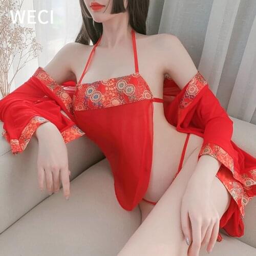 WECI Sensual Woman Underwear Sexy Lingerie Set Red Bride Costume Kimono With Bellyband Transparent Night Wetlook Dress Robe Suit