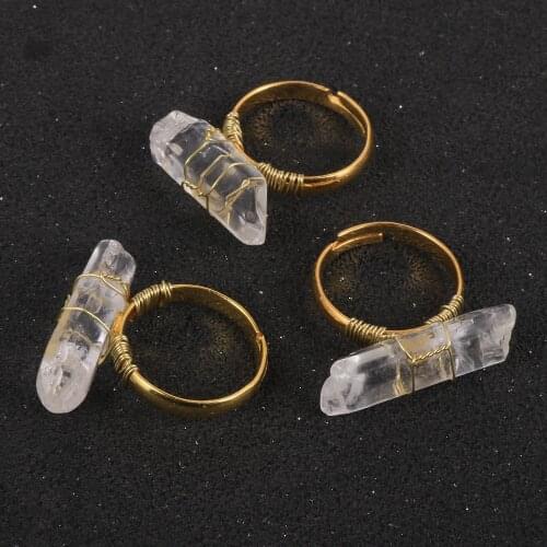 Natural Stone Irregular Wire Wrap Women Rings Healing Lucky Column Statement Crystal Gold Color Resizable Fashion Finger Ring