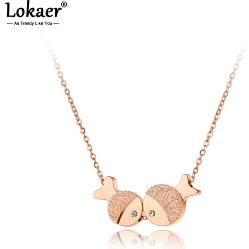 Lokaer Titanium Steel Double Fish Charm Pendant Necklaces Jewelry Rose Gold CZ Crystal Choker Animal Necklace For Women N20195