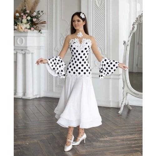 2020 Wave Point ballroom waltz tango practice clothes Print New Fashion Women Sexy Built-in Bra cups LeotardFlare Sleeve