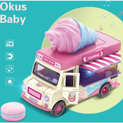 2020 Pull Back Car Food Truck Vehicle Toy Car with Music Light and Openable Doors Awning Ice Cream Toy Cart Alloy Toy Trucks