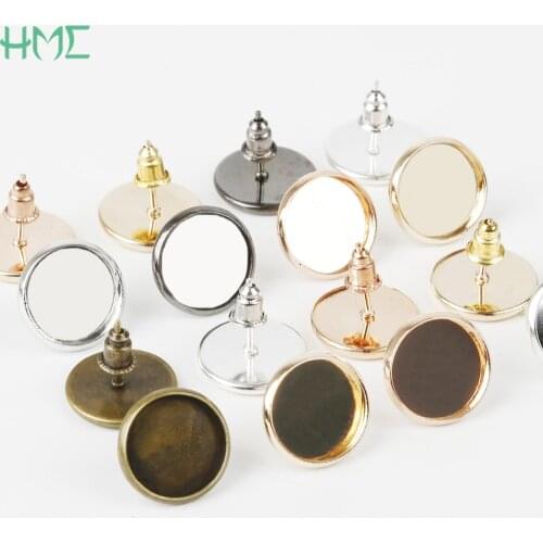 50pcs Iron Circle Earring Studs (with Ear plug) Base Pins Settings For 12mm Glass Cabochons Earrings Jewelry Making Accessories