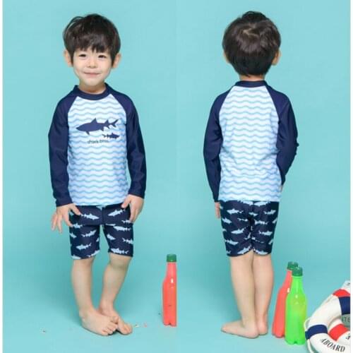 2T-12T Cartoon Shark Pattern Kids Boys Girls Two Piece Swimming Surfing Suit Swimwear + Hat Beach Wear Boys Swimsuit SA4047