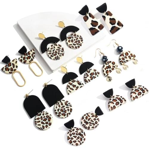 Lifefontier Geometric Leopard Polymer Clay Drop Earrings for Women Irregular Black Metal Clay Dangle Earrings Unusual Jewelry