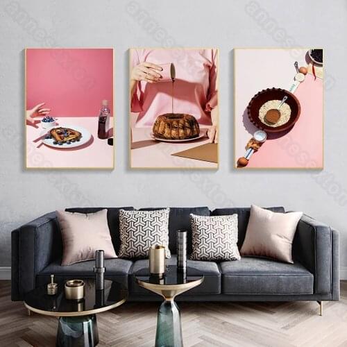 Modern Style Canvas Painting Pink Background Delicious Food Cookie Glaze Cake Poster and Print for Home Rooms Wall Gallery Decor