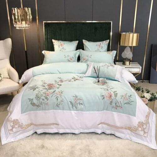 600TC Satin Like Silk Cotton Luxury Chinese Style Flowers Embroidery Bedding Set Duvet Cover Bed Linen Fitted Sheet Pillowcases