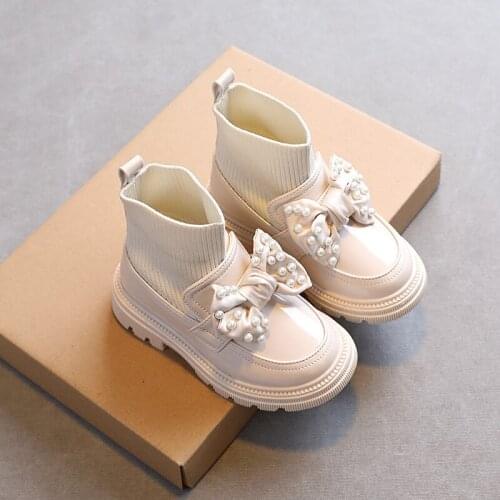 Girls Fashion Boots Bow Knitting Patchwork Ankle Boots High Quality Pu Leather Kids Socks Shoes Anti-slip Casual Shoes G229