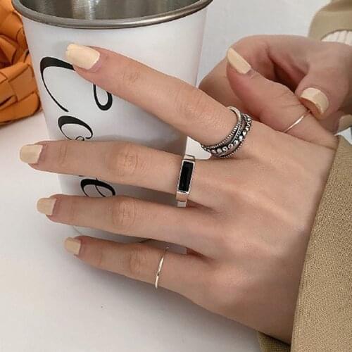 Evimi INS Fashion 925 Sterling Silver Finger Rings for Women Couples New Trendy Black Drop Glaze Vintage Punk Party Jewelry