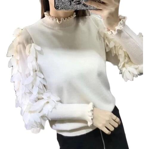 Casual Sweater Women Solid Color Ruffled Mock Neck Long Petal Puff Sleeve свитер женский Knit Pullover Sweater Oversize 2020