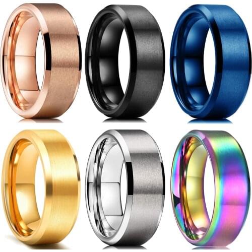 Simple 8mm Men Stainless Steel Ring Gold Blue Rainbow Matte Finish Beveled Edge Engagement Ring Men Wedding Band Size 6-13