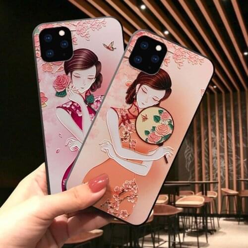 Embossed Cover for iPhone 11 12 Pro Max Cheongsam Beauty Soft Phone Case for iPhone X XS MAX XR 8 7 6 6S Plus Coque