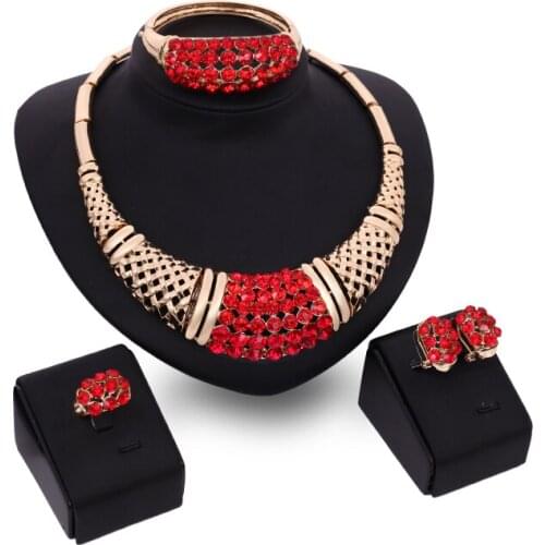 Jewelry Set New 2016 Korean Style Fashion Kc Plated Plated Red Rhinestone Necklace Earrings Bracelet Temperament Wedding Gift