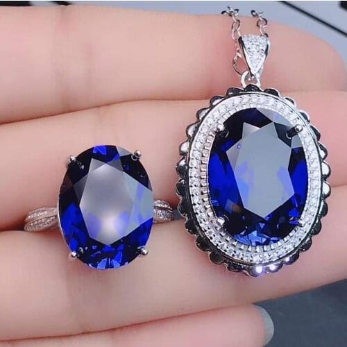 Real Natural Sapphire jewelry set Natural Real Sapphire 925 sterling silver 1pc pendant,1pc ring